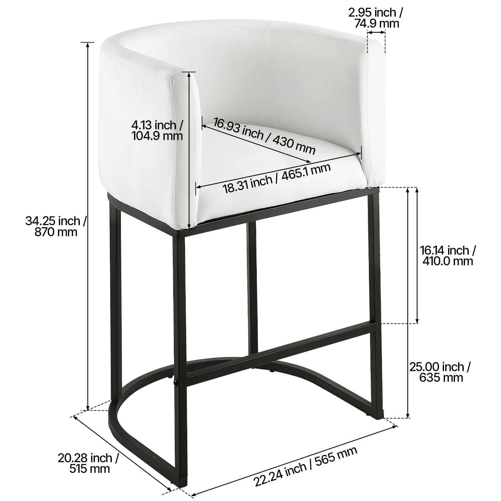 KFFKFF Set of 3 Counter Height Bar Stools, 25-inch Chairs with Backrest, Armrests, Metal Frame, and Footrest, Upholstered Fabric Seating for Kitchen or Dining Room, White