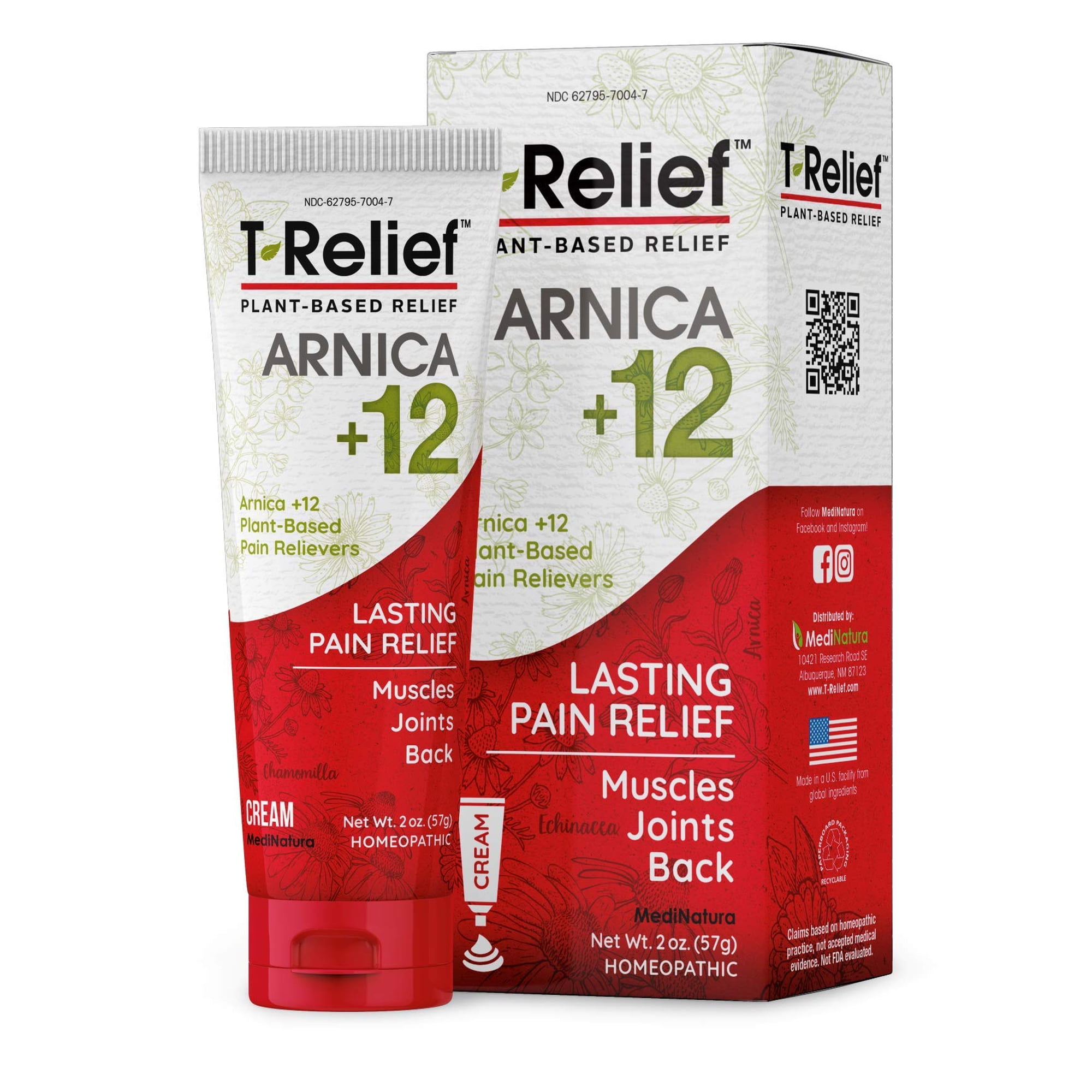 MediNatura T-Relief Arnica +12 Cream Natural Relieving Actives for Back Pain Joint Soreness Muscle Aches & Stiffness Whole Body Fast-Acting Relief for Women & Men - 2 oz