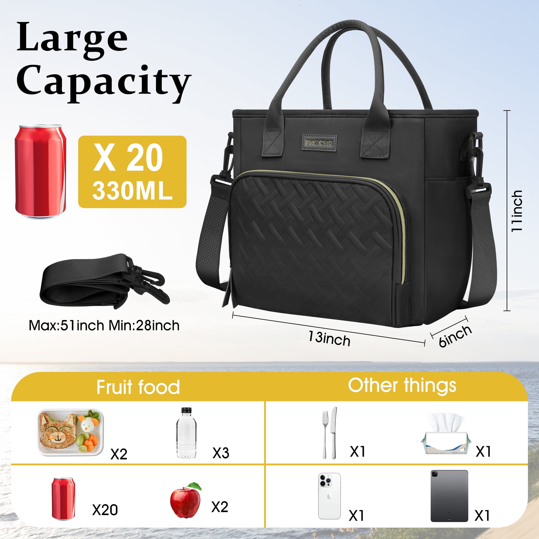 CshidWorld Insulated Lunch Bag for Men & Women - 18L Large Capacity Lunch Box for Work,Office ,Picnic, Hiking, Beach, Thermal Cooler Tote w/ Adjustable Strap, Pockets, Classic Plaid Design, Black