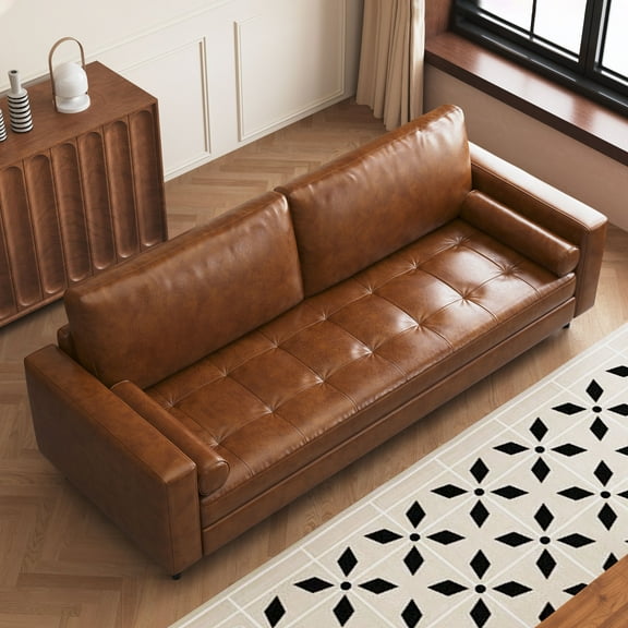 NessCarsti Mid-Century Modern Brown Leather Sofa, 3-Seater Faux Leather Couch, 80.31-Inch
