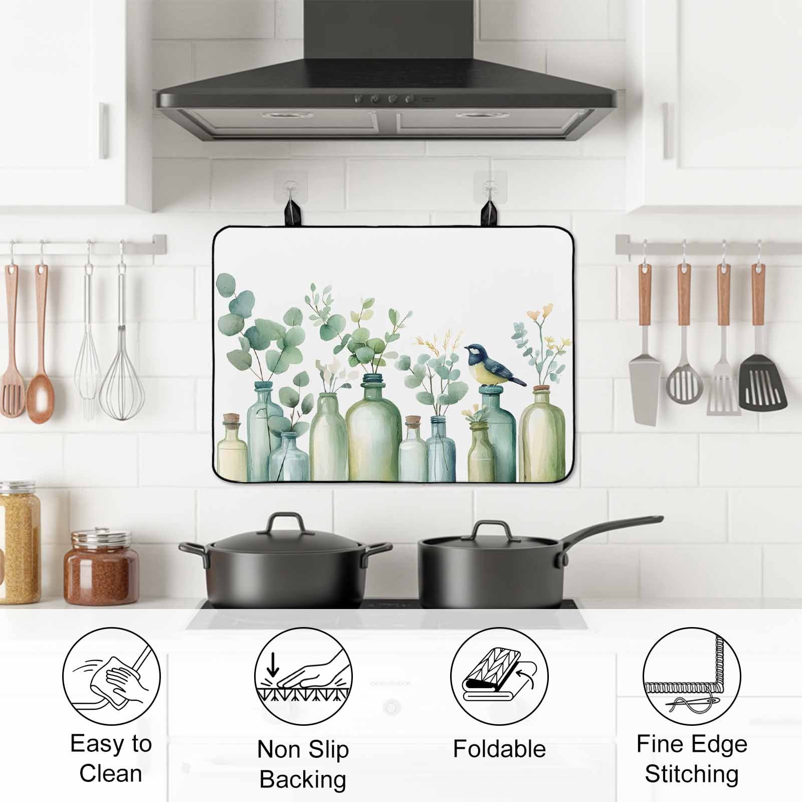 Teal Eucalyptus Leaves Stove Top Cover for Electric Stove, Heat-proof & Non Slip Glass Top Stove Cover Protector, Botanical Vase Birds Kitchen Flat Cooktop Rubber Mat 24x21 Inches