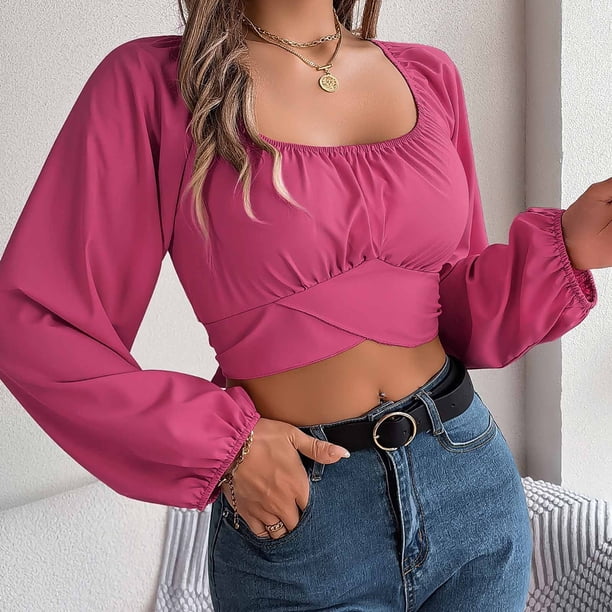 HKEJIAOI Women's Crop Tops Long Lantern Sleeve Square Neck Slim