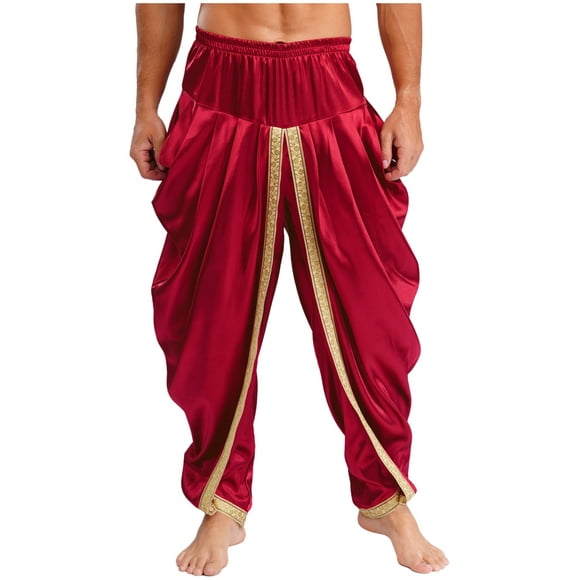 YiZYiF Baggy Yoga Harem Pants for Men Satin Indian Arabian Gypsy Tribal Trouser Hippie Trousers Cosplay Burgundy M