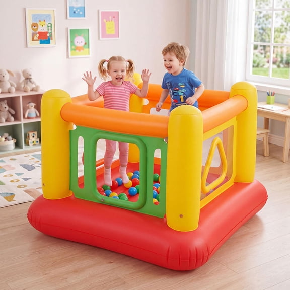 3-In-1 Inflatable Bounce House with Transparent Side Walls, Ball Pit, Trampoline, Red