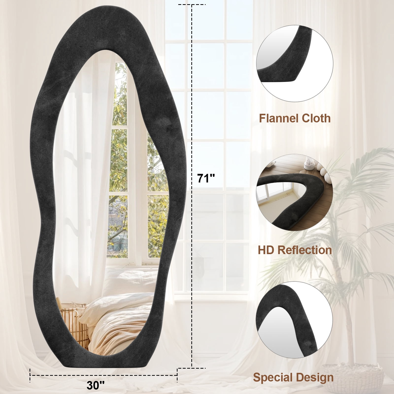 Gleamira 71"x30" Full Length Mirror Irregular Floor Mirror Flannel Wrapped Wooden Frame Hanging Leaning Mirror,Black