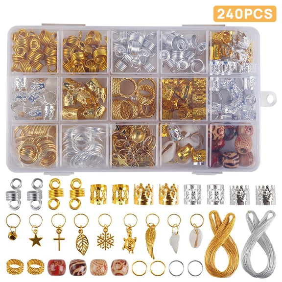 FGY 240Pcs Hair Jewelry for Hair Braids Locs Dreadlocks Accessories Metal Hair Coils Rings Retro Style Cuffs Clips with Braiding Cord