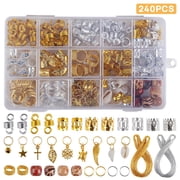 FGY 240Pcs Hair Jewelry for Hair Braids Locs Dreadlocks Accessories Metal Hair Coils Rings Retro Style Cuffs Clips with Braiding Cord
