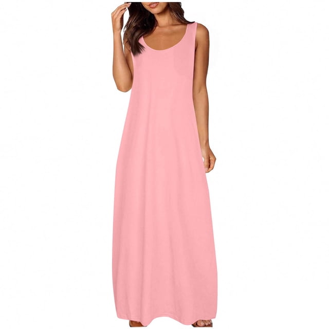 LOVZFMLL Robes pour Femmes Col Rond Uni Manches Courtes/sans Manches Robes Débardeurs d'Été Décontractées Amples Plage Maxi Robes d'Été Rose A S