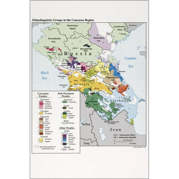 24"x36" Gallery Poster, cia map Ethnolinguistic groups in Caucasus 1992