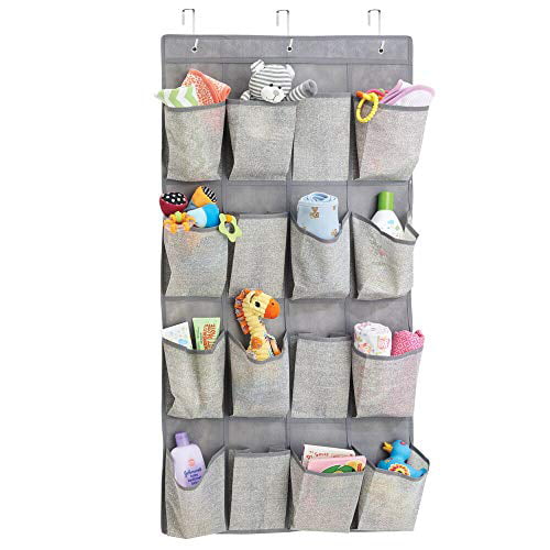 mDesign Soft Fabric Over The Door Hanging Storage Organizer with 16 Deep Pockets for Child/Kids Room Textured Print Nursery Gray Metal Hooks Included Playroom 