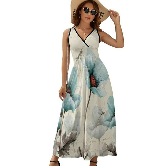 Fall Farm Teal Flower Oil Painting Art Womens Night Club Maxi Dress V Neck Sleeveless Bohemia Long Dresses
