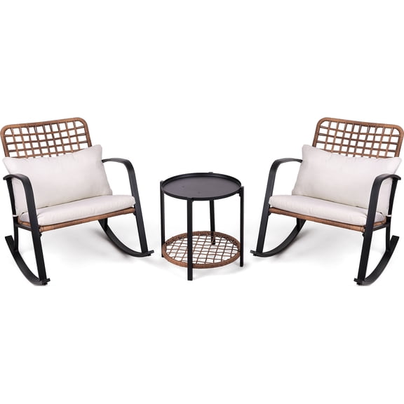 Mugovelo 3 Pieces Patio Bistro Set, Outdoor Rocking Chairs with 2-Tier Coffee Table, Boho Handwoven Rattan Porch Conversation Set, 2-Seater Small Space Balcony Set with Cushions
