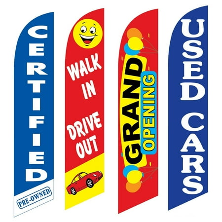 4 Advertising Swooper Flags Pre Owned Walk In Drive Out Grand Opening Used Cars