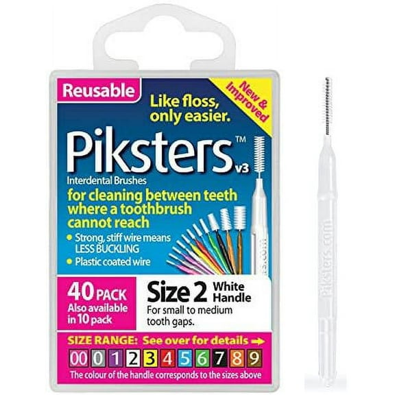 Pack of 40 Piksters Interdental Brushes Size 2 White Handle Reusable For Cleaning Between Teeth
