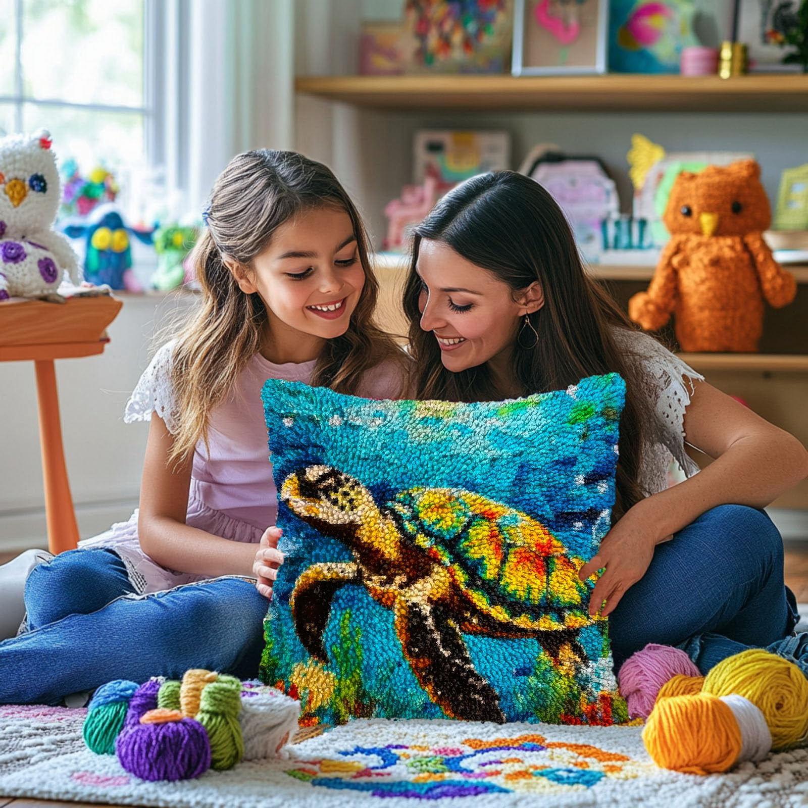 A Sea Turtle Swim DIY Latch Hook Pillow Kits for Adults Printed Pillowcase Crochet Yarns Hooking Handmade Pillow Cover Cushion for Home Sofa Decoration 17x17inch
