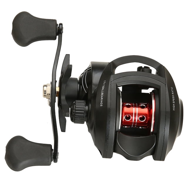 Moulinet de Pêche à Gauche Noir et Rouge avec Roulements Résistants à la Corrosion 17+1, Rapport de Vitesse 7.2:1, Système de Frein Double, Drag Maximum 8kg, Bobine en Alliage d'Aluminium et Poignée en Caoutchouc Souple – Puissant