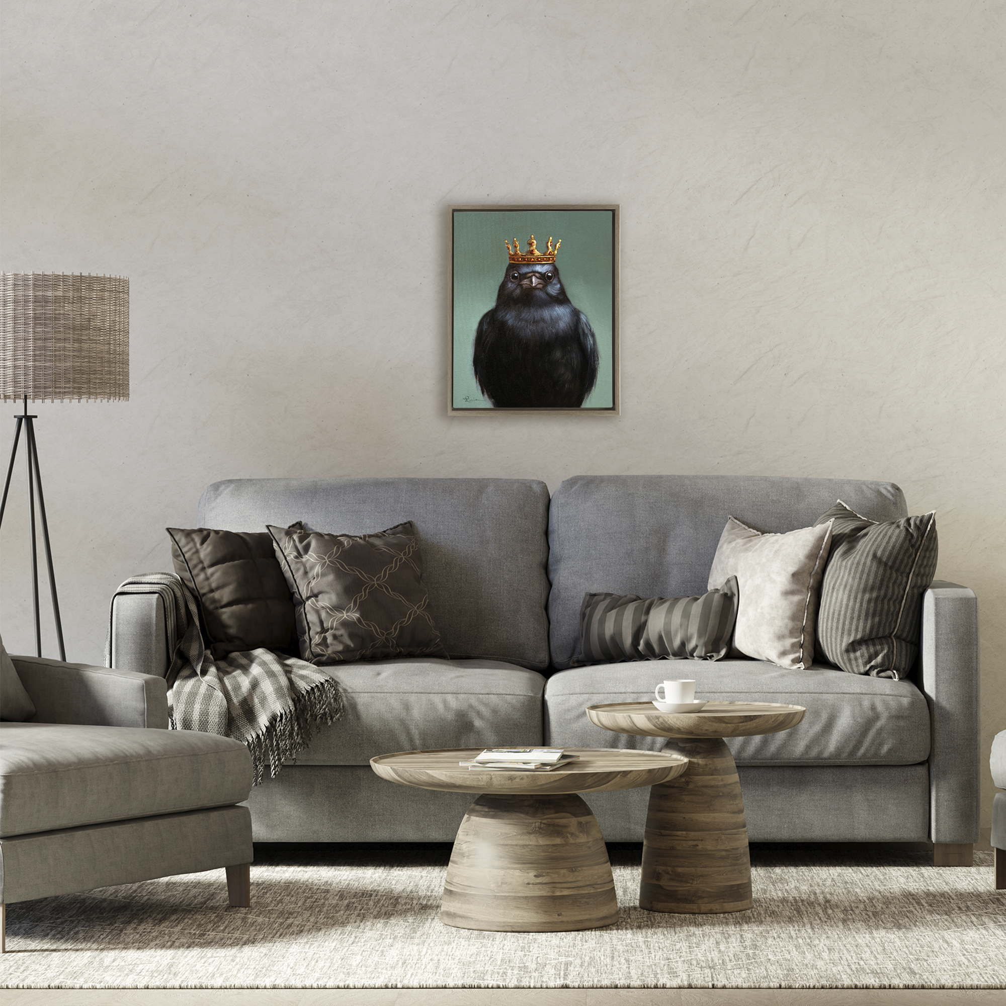 King Crow Portrait Brown Framed Floater Canvas Wall Art, design by Lucia Heffernan