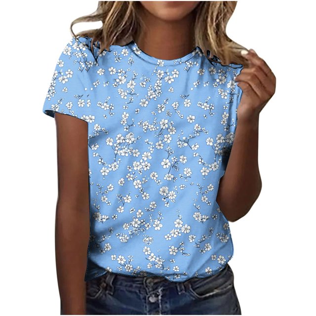 Pisexur Hauts d'Été pour Femmes, Blouses Habillées Décontractées pour Femmes, Hauts à la Mode pour Femmes, Chandail Décontracté Imprimé à Manches Courtes Col Rond, Grande Taille pour Femmes Multicolore, S