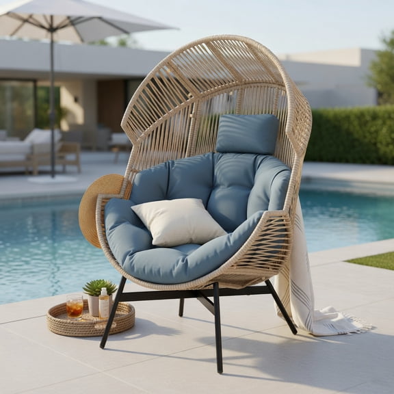 Hommoo Oversized Wicker Egg Chair with Thick Cushions & Adjustable Headrest, Modern Outdoor Indoor Lounge Seating, Gray