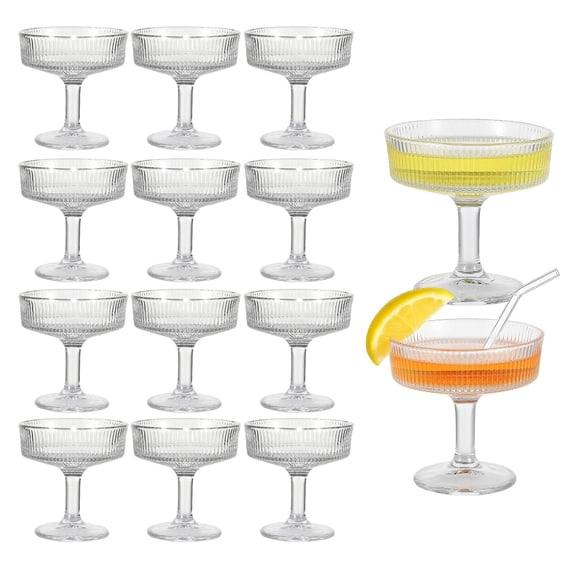 12-Pack Ribbed Coupe Glasses - 7 oz Vintage Martini Glasses Set, Crystal Clear Whiskey/Margarita Cocktail Cups (4.25 in Tall) for Home Bar, Wedding, Christmas Gifts - Shatter-Resistant Packaging