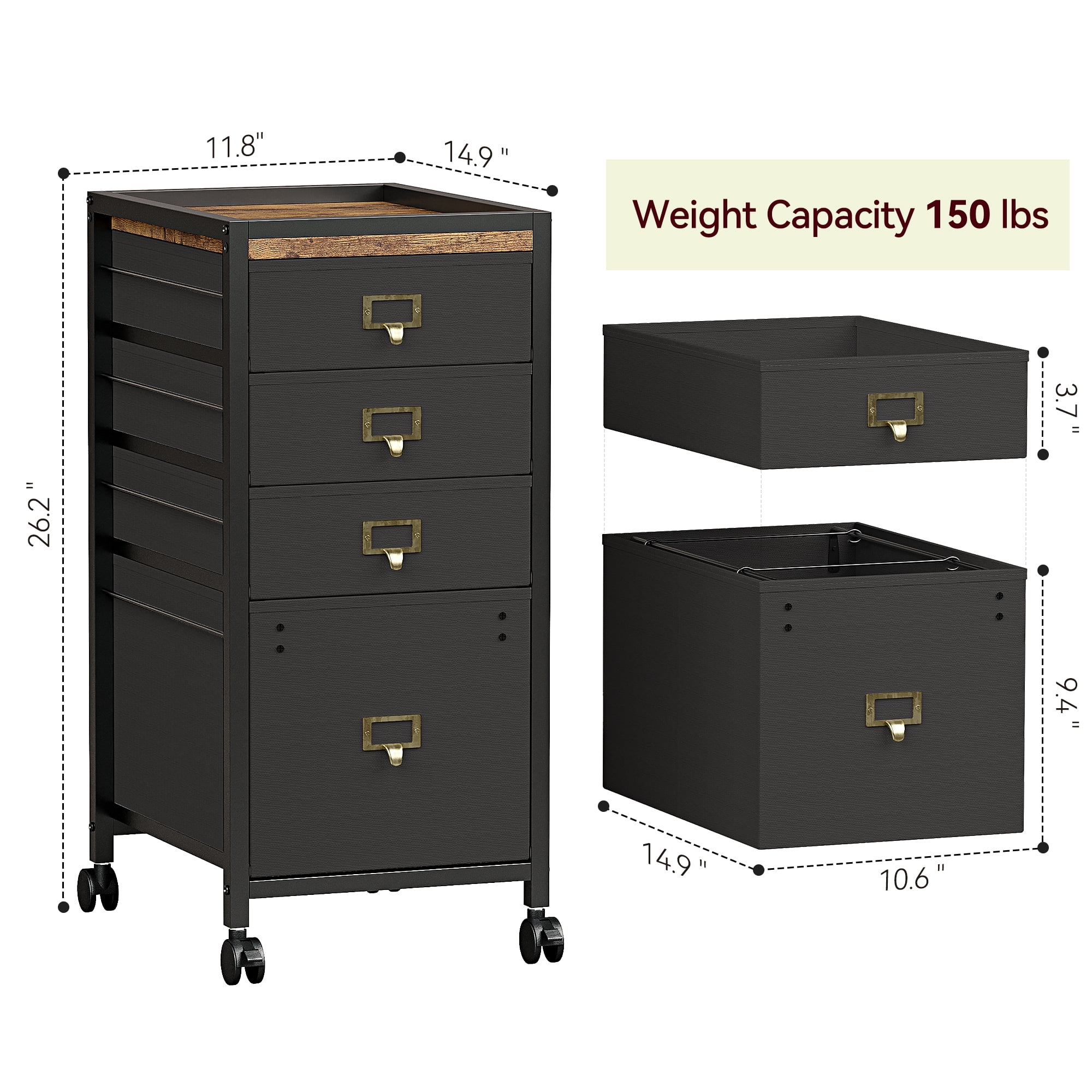 Yesfashion 4 Drawers Mobile Rolling Printer Stand File Cabinet for Home Office, Black