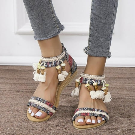 

Wirdiell Womens Fashion Bohemian Rhinestone Sandals Ethnic Wind Roman Flat Zip Sandals