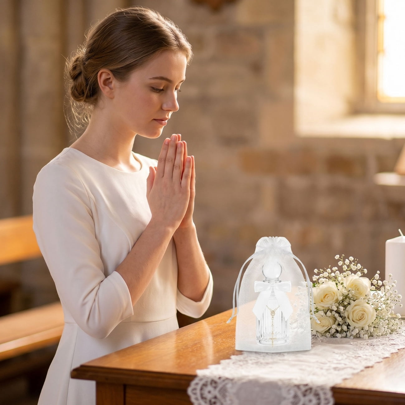 24pcs Baptism Party Supplies - Includes 12 Glass Holy Bottles And 12 Cross Rosary Bracelets - with Organza Bags (Boxed) Party Supply Set, Suitable for Weddings, Communions, Religious Events