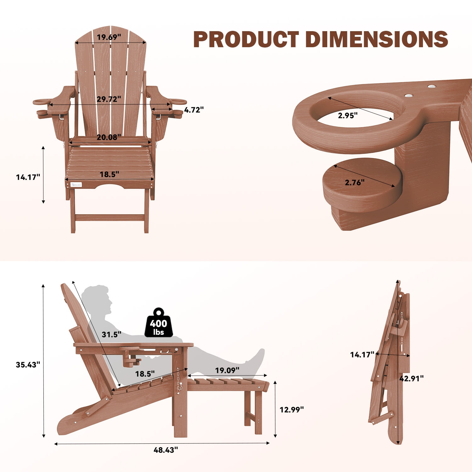 Erinnyees 3-Level Adjustable Adirondack Chair with Retractable Ottoman, HDPE All-Weather Folding Fire Pit Chair with 2 Cup Holders, Outdoor Chair for Garden
