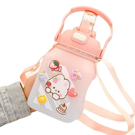 

Cute Water Bottle for Kids Large Capacity Straw Beverage Containers with Shoulder Strap Suitable for Daily Using Pink