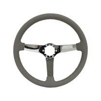 VSW 14 inch Gray Leather Steering Wheel; 6 Bolt Chrome Spoke, 3 inch Dish, GM Licensed, ST3040GRY