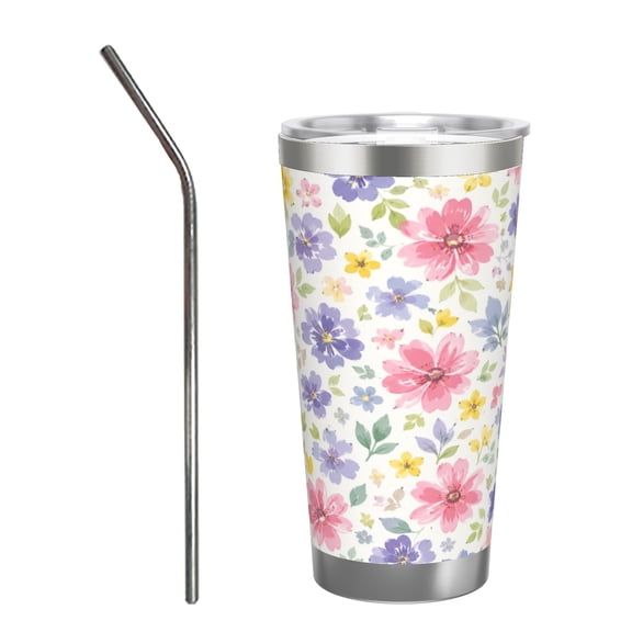 Watercolor Wildflower 20oz Insulated Tumbler with Handle and Straw Car Cup Holder Travel Coffee Cup Gift with Stainless Steel Straw