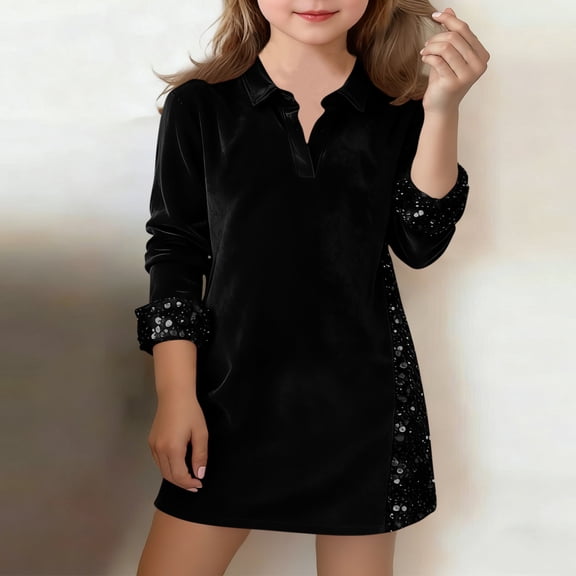 ATOGUTA Young Girls Dress Kids Long Sleeve Party Birthday Prom Formal Fancy Midi Dress Size 5T-14, Black