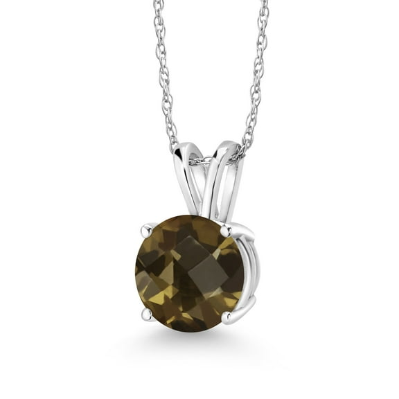 Gem Stone King 1.80 Ct Round Checkerboard Brown Smoky Quartz 14K White Gold Pendant With Chain