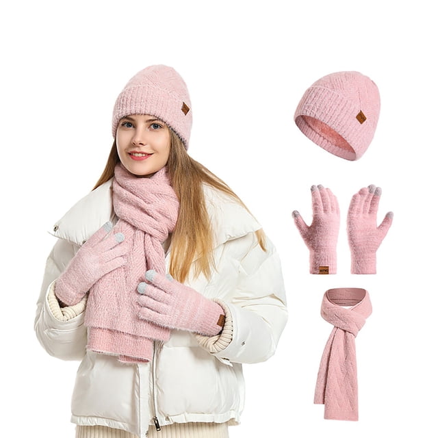 TBWNWG Three Piece Knitted Cap Set for Touchscreen Use in Winter Featuring Thick Warm Ear Protecting Woolen Hats and Soft Velvet Scarves,Sizes One Size