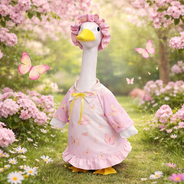 Vestido tropical de vacaciones para ganso de 58 cm | Conjunto floral rosa con lazo extragrande y volantes en el bajo | Decoración de primavera y Pascua sin cordones
