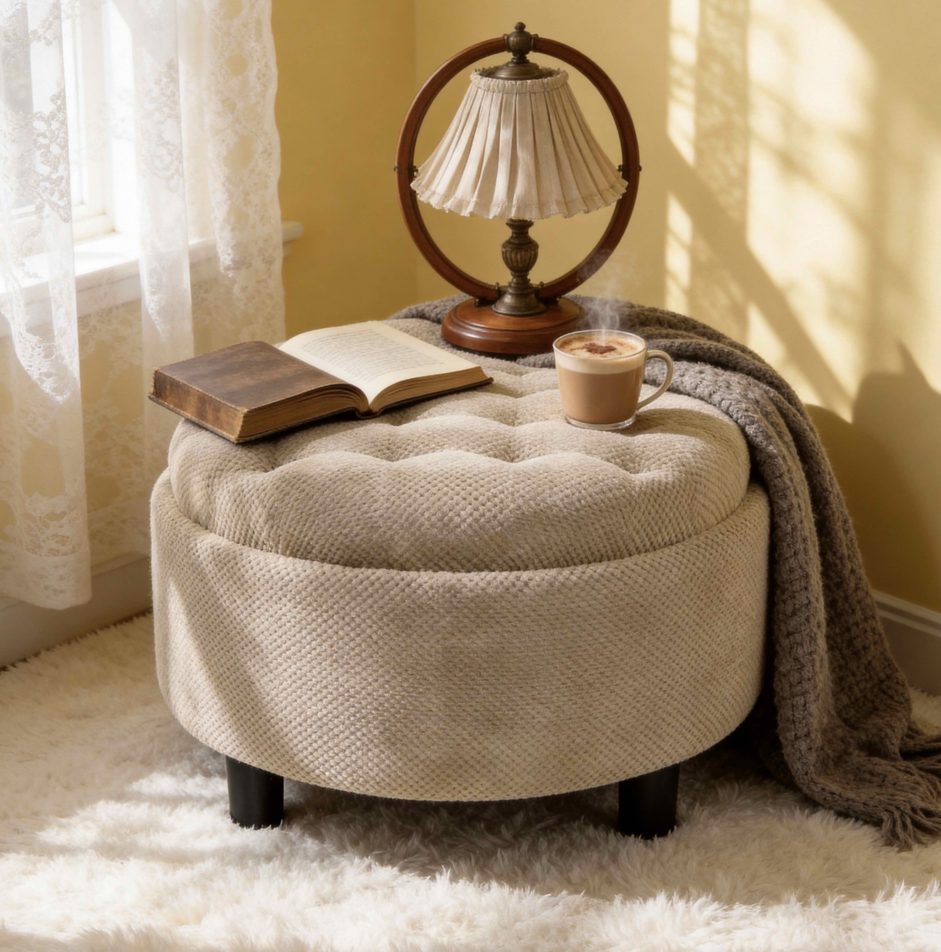 MAYEERTY 25 In Round Storage Ottoman with Tray, Tufted Fabric, Coffee Table Ottoman, Camel