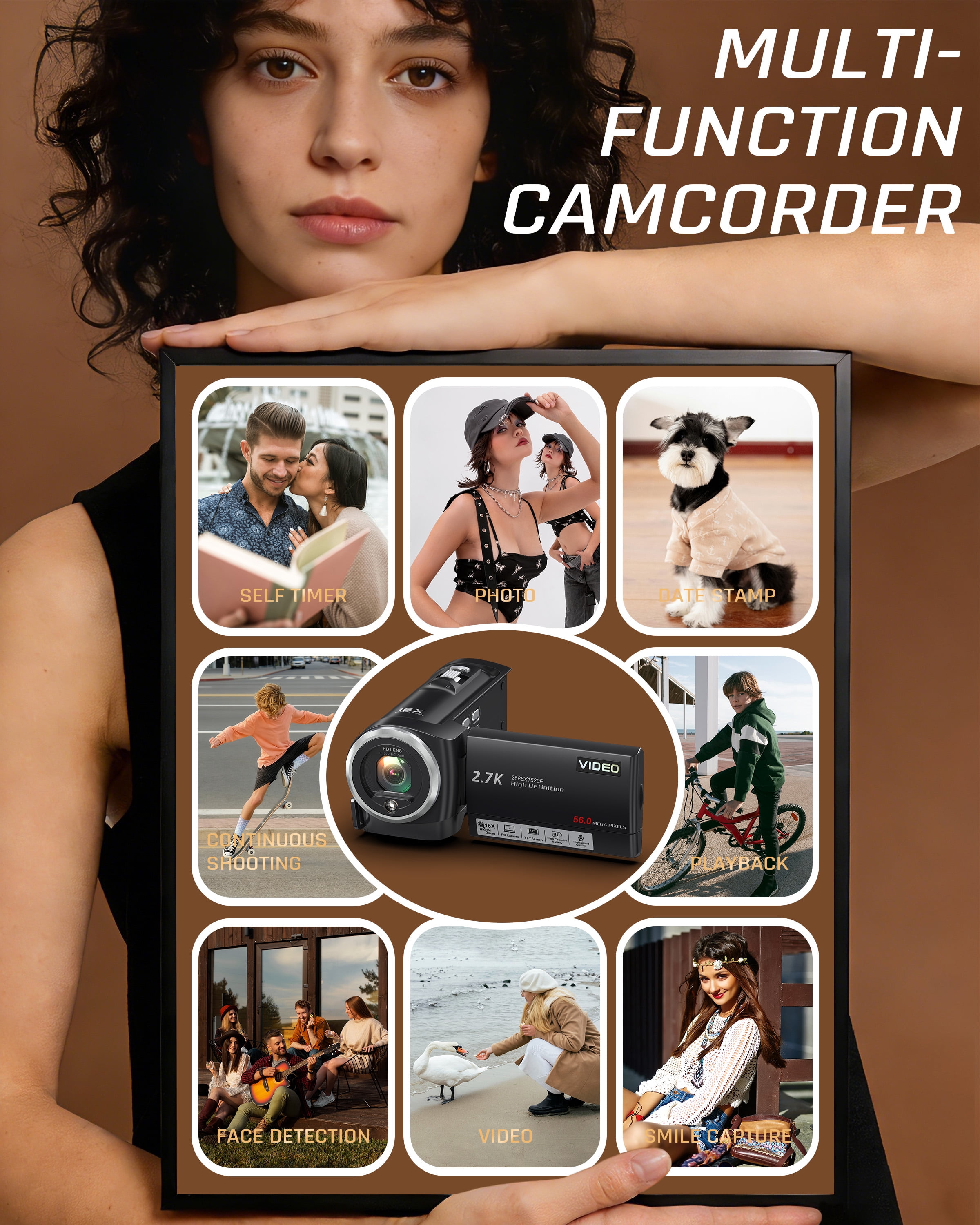 Video Camera 2.7K Camcorder 56MP 16X Zoom Vlogging Camera for YouTube