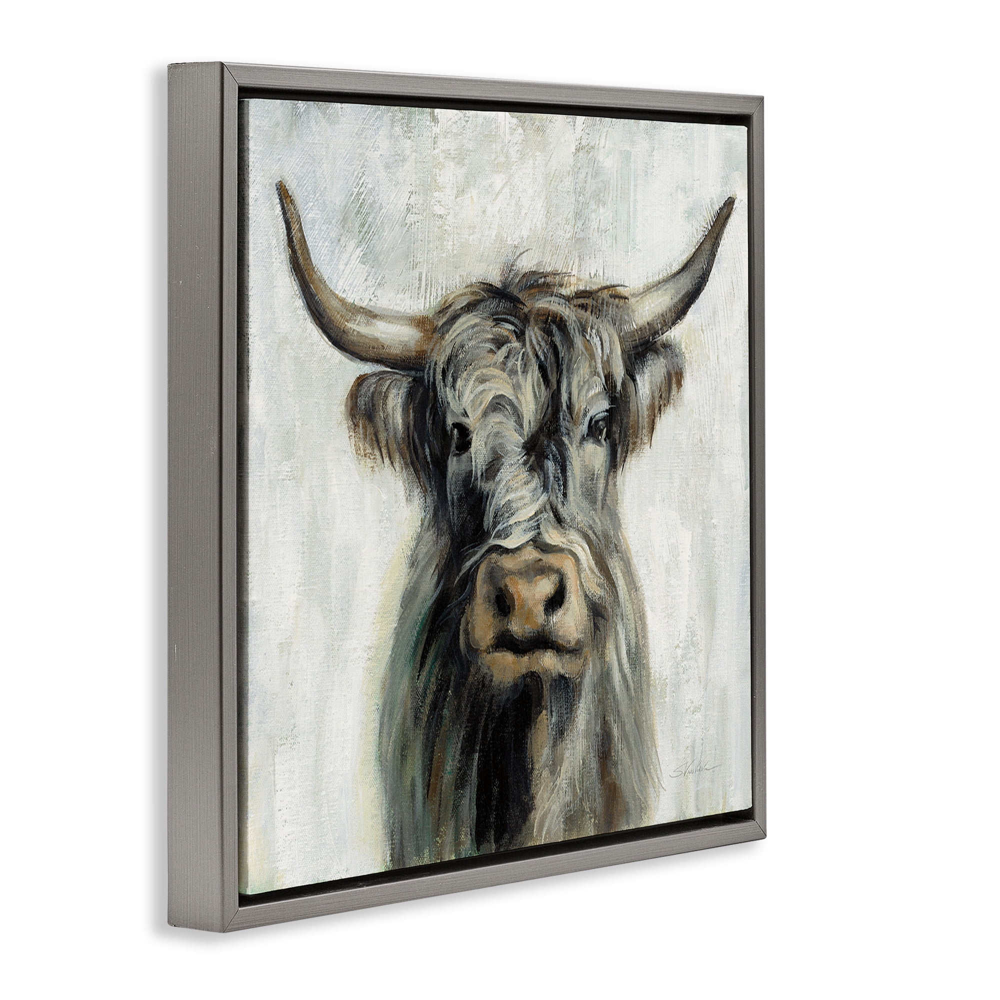 Stupell Industries Masculine Bull Portrait Cottage Animals & Insects Painting Gray Floater Framed Canvas Art Print Wall Art, 18 x 18