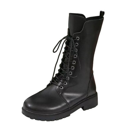 OJSFQUFP Womens Booties Ladies Fashion Solid Leather Front Lace Up Zipper Flat Bottom Short Boots Comfortable Fall Shoes Women s Boots Ankle Black 38
