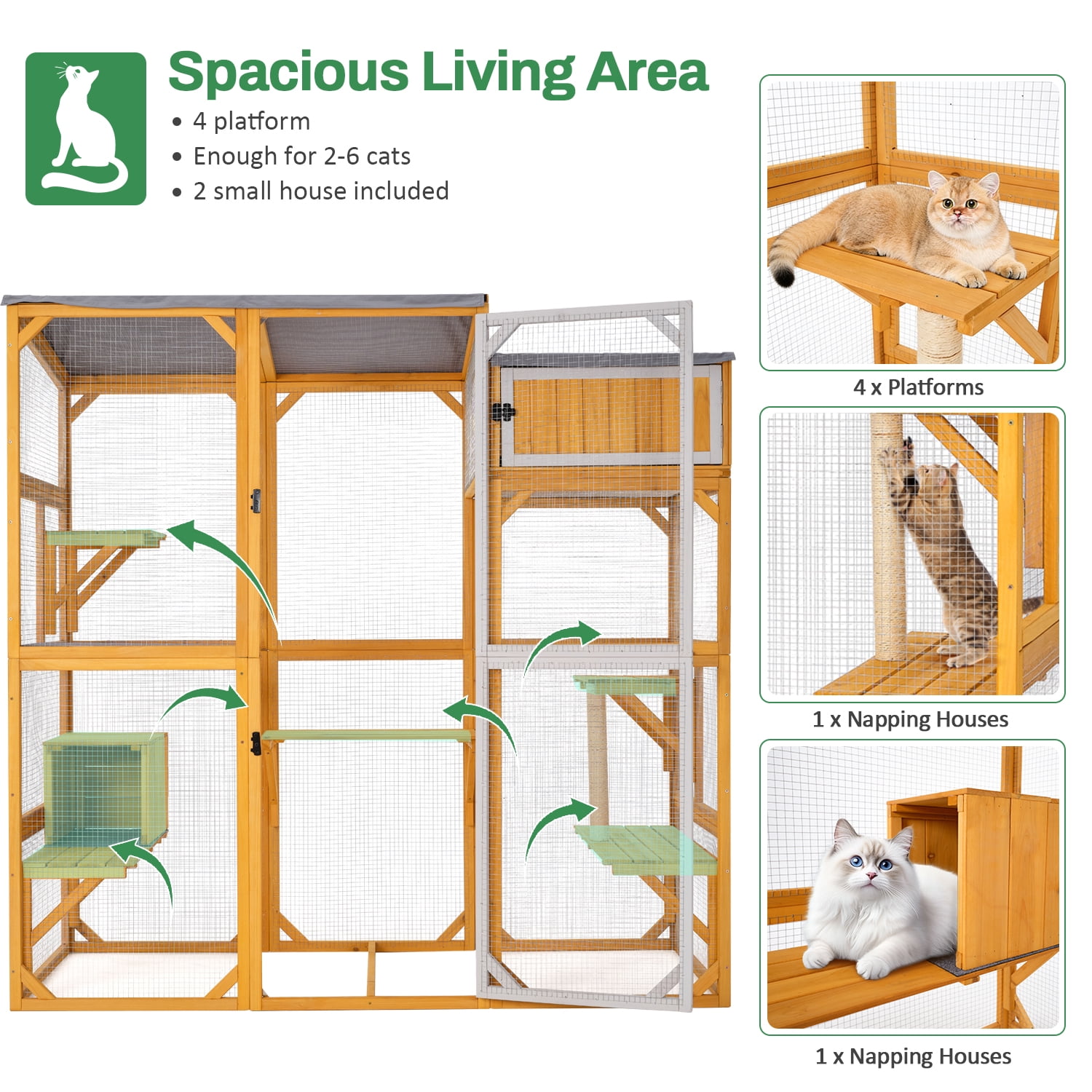 Wooden Outdoor Catio Enclosure for Pets with Scratching Post, Multi-Level Perches & Hideaways, Weatherproof Indoor/Outdoor Cat House with Roof, 5 Platforms & Resting Den, UV-Resistant