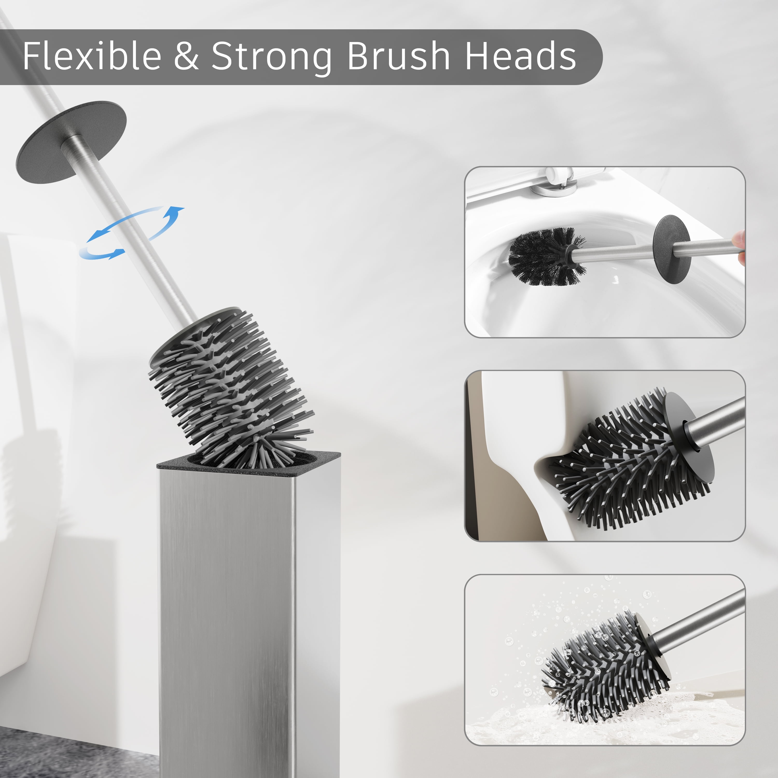 BGL Freestanding Aluminium Toilet Brush with Holder for Bathroom Storage and Organization Toilet Bowl Cleaner Brush and Holder, Square Design Sturdy and Space Saving (Brushed Nickel)