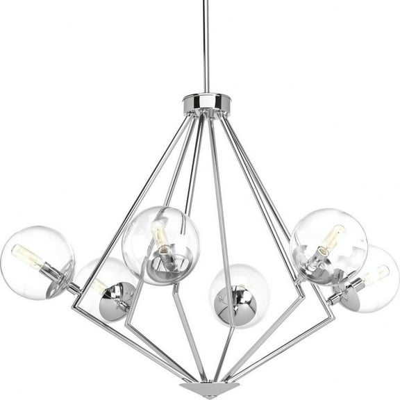 Mod Collection Six-Light Polished Chrome Clear Glass Mid-Century Modern Chandelier Light