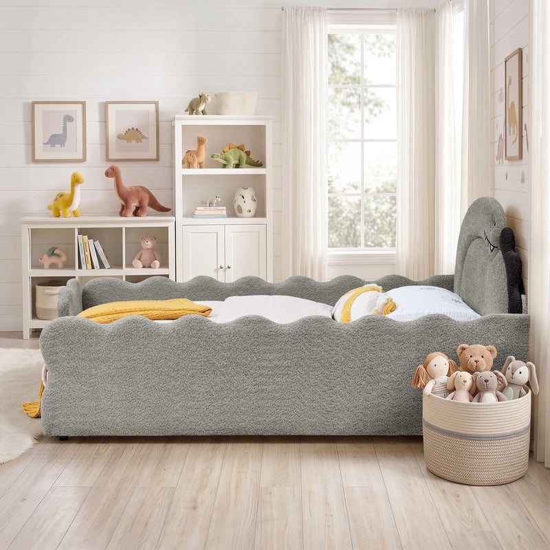 Full Size Kids Dinosaur-Shaped Platform Bed with Guardrails, Low-Profile Upholstered Boucle Fabric Playful Child Daybed Frame