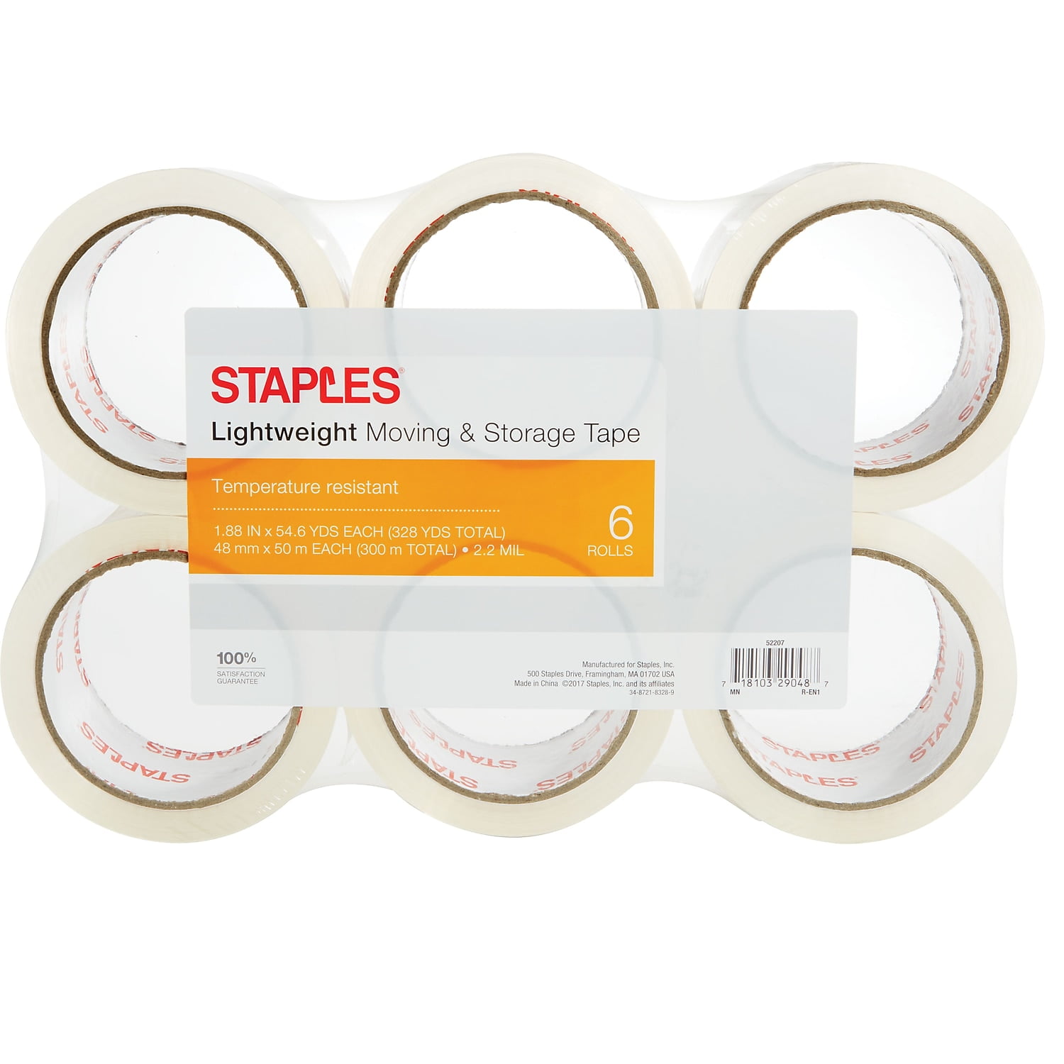 Staples Lightweight Moving & Storage PKing Tape 1.88' x 54.6 Yds Clear 6/RL 52207