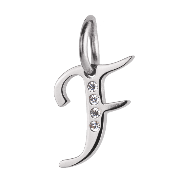 Charm para Pulsera LuckyLy, Dije Inicial Letra A, Acero Inoxidable y Zirconia Cúbica, Modelo Lizzy plateado Letra F
