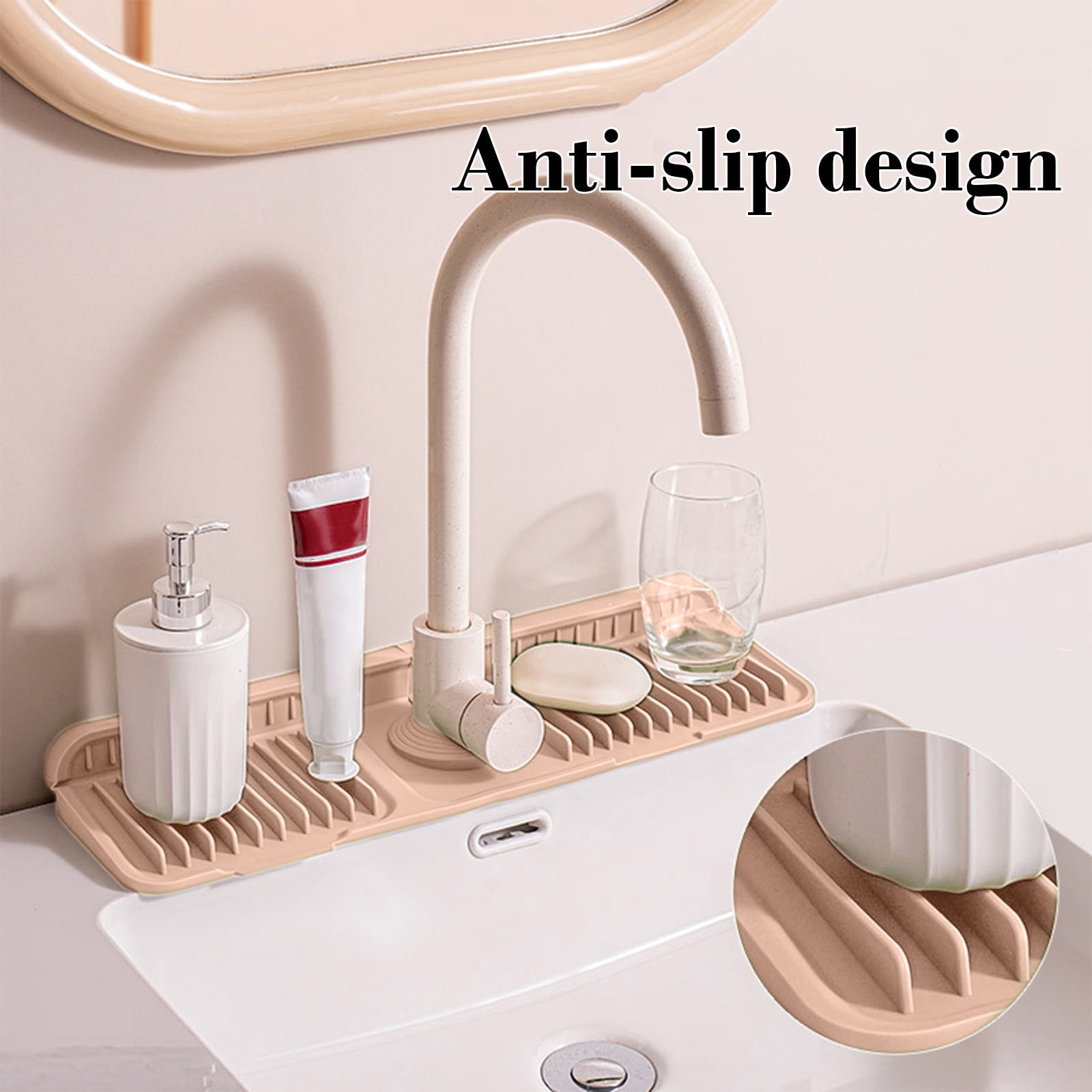 CQCYD Silicone Faucet Splash Guard Mat, Button Style Drain Mat for Kitchen Sink Countertop, 37x14cm Non-Slip Silicone Drying Mat, Water Splash Protector for Bathroom Vanity, Sink Organizer, Leak