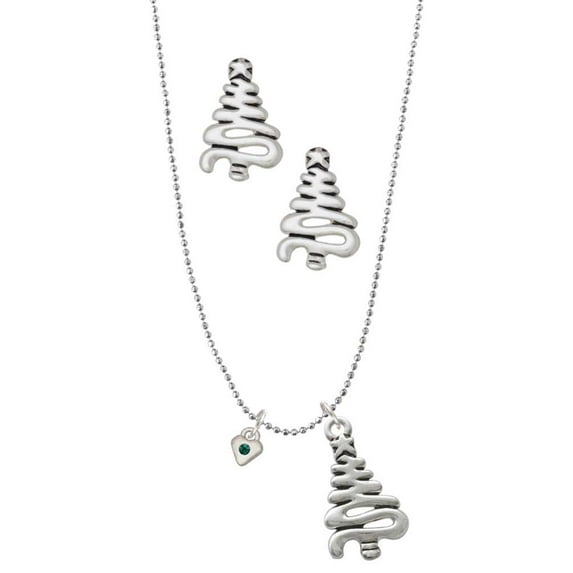 Delight Jewelry Silvertone Mini May - Green Crystal Heart Silver tone Zig Zag Christmas Tree Charm Necklace and Stud Earrings