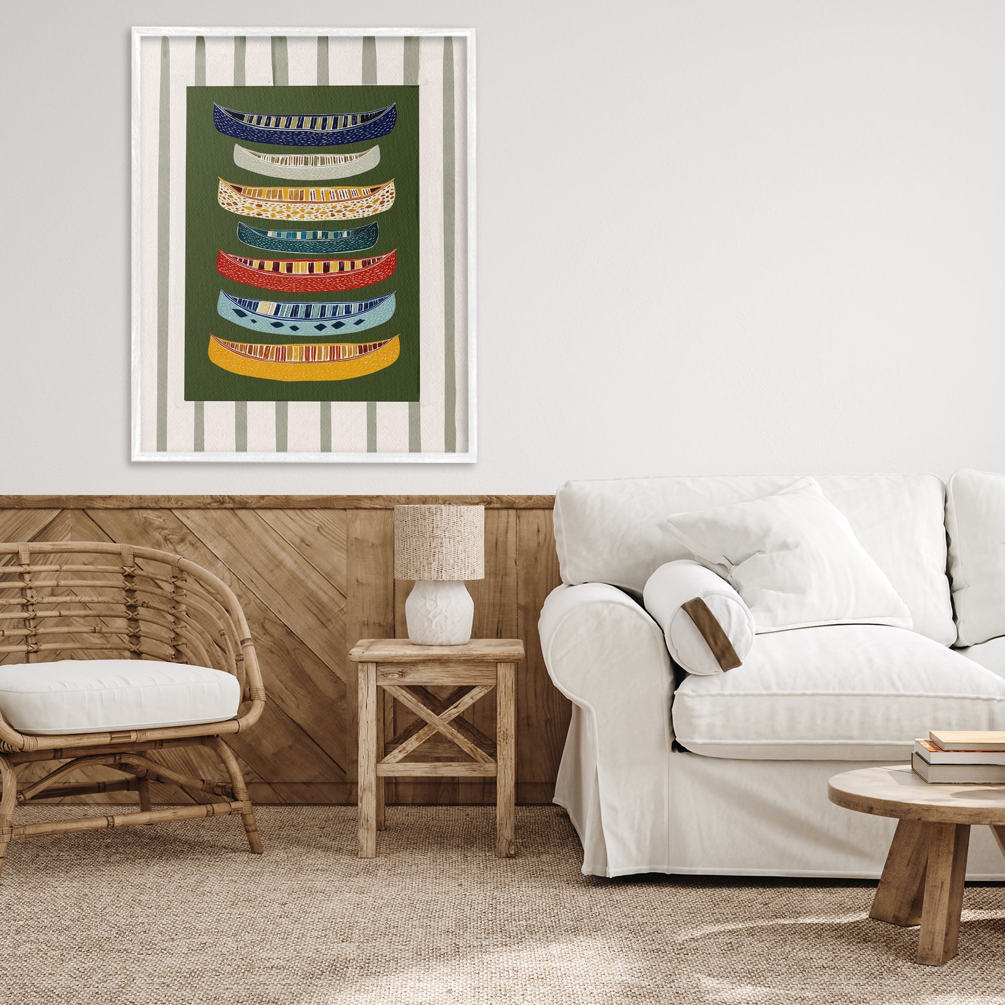 Stupell Industries Patterned Canoes over Stripes White Framed Giclee Art, design by Yen