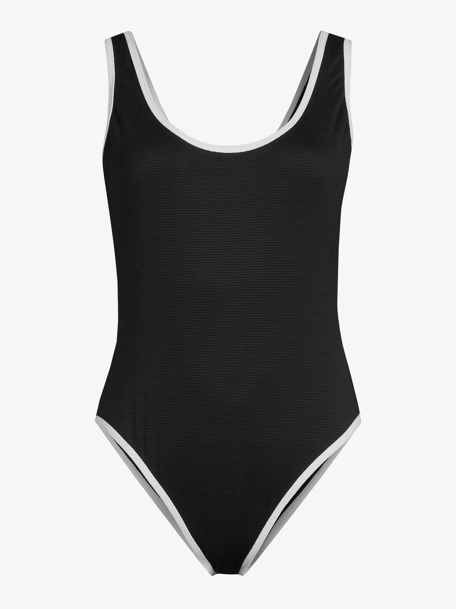 Love & Sports Women's Black Pique with White Piping Scooped Back Classic  One-Piece Swimsuit, Sizes XS-XXL 
