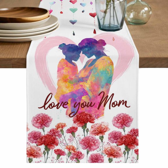 Mother's Day Table Runner 72 Inches, Watercolor Love You Mom Carnations Flowers Bed Runner Dresser Scarves Tabletop for Indoor Outdoor Parties/Ceremony/Banquet, 16" x 72"